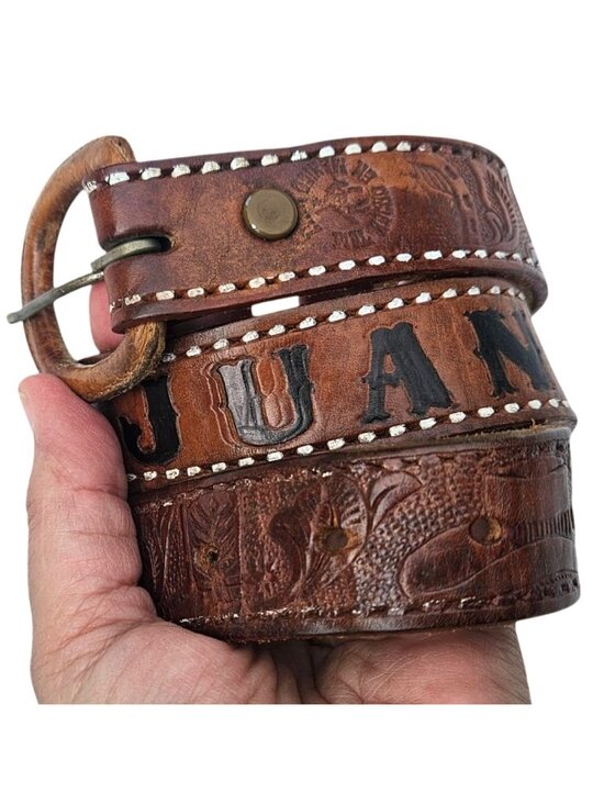 Handmade Accessories - Vintage Mexican Hand Tooled Leather Belt JUAN Hecho en Mexico Western S/30